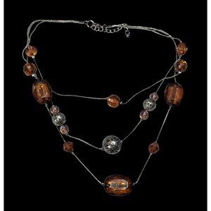 Rustic Brown Gemmed Silver Tone Accent Layered Station Necklace